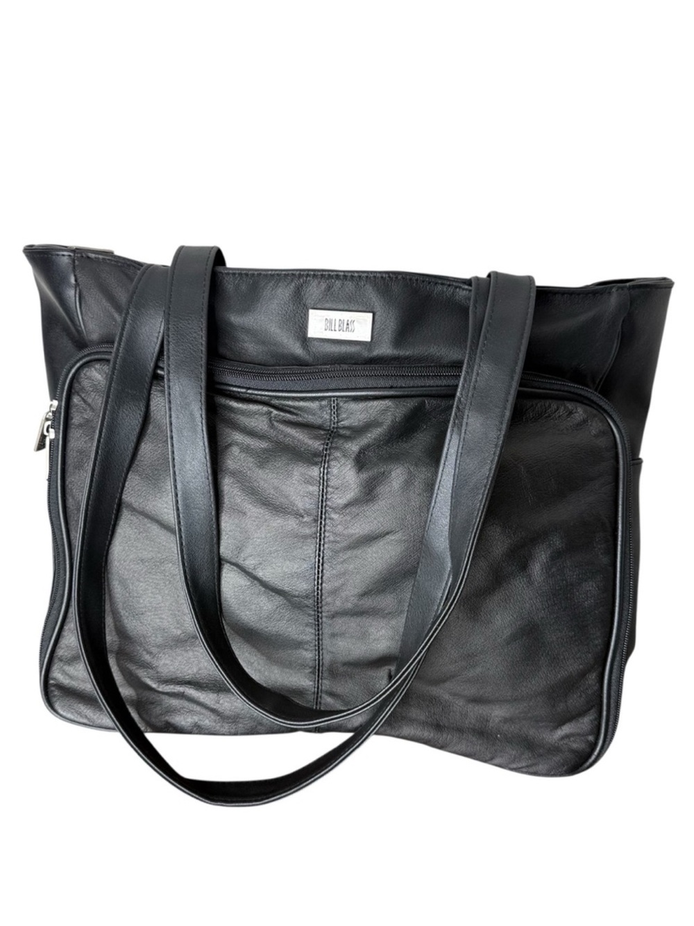 BILL BLASS Black Leather Tote Laptop Computer Travel Bag Zipper Shoulder Bag